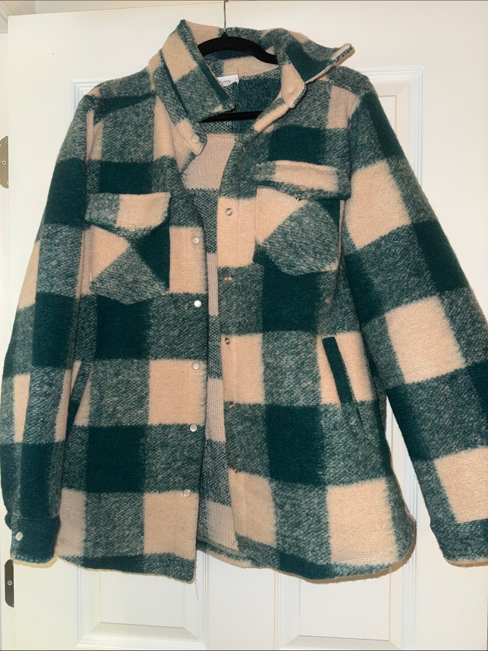 Bluivy Green and Cream Plaid Teddy Shacket